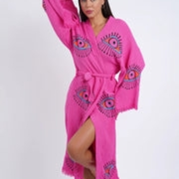Cotton Turkish Robe - Pink - Handmade In Turkey - Evil Eye Pattern - Picture 1 of 3